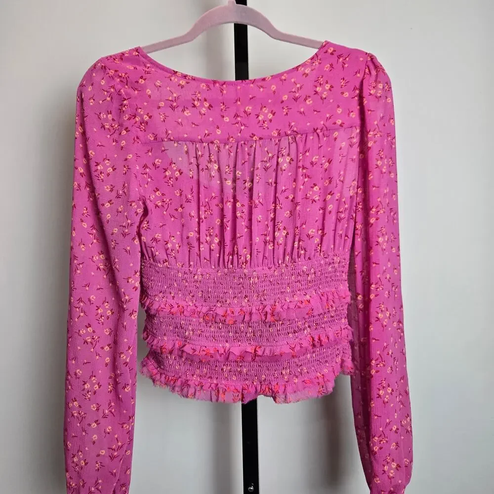 Free People Lolita Smocked‎ Floral Long Sleeve Peasant Blouse Pink Floral Small